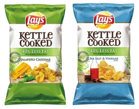 Kettle Cooked 40 Percent Less Fat Sea Salt & Vinegar and Kettle Cooked 40 Percent Less Fat Jalapeno Cheddar flavored potato chips